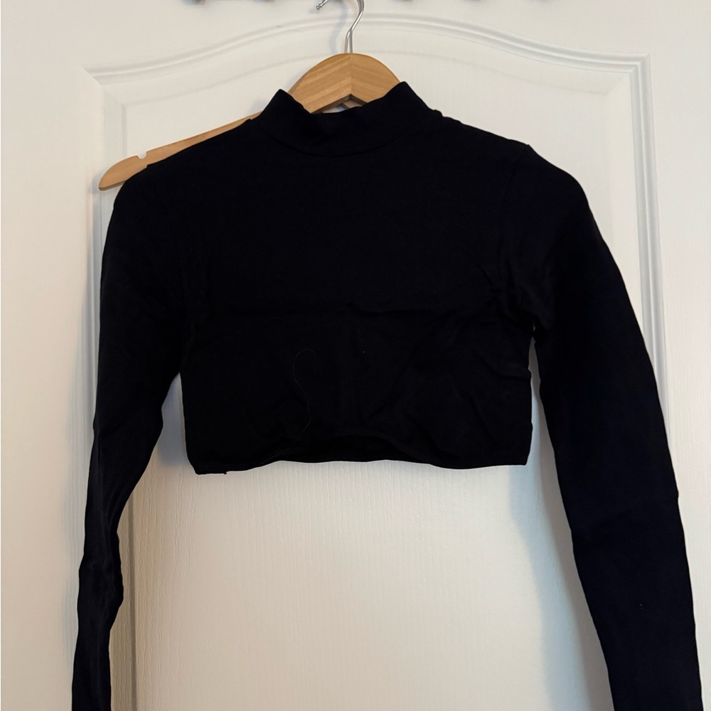 Dynamite Black Fitted Crop Bodysuit with Mandarin Collar